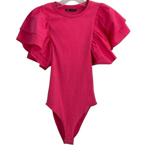 Zara Tops - Zara Pink Ruffled Sleeve Bodysuit Ribbed Body Size M